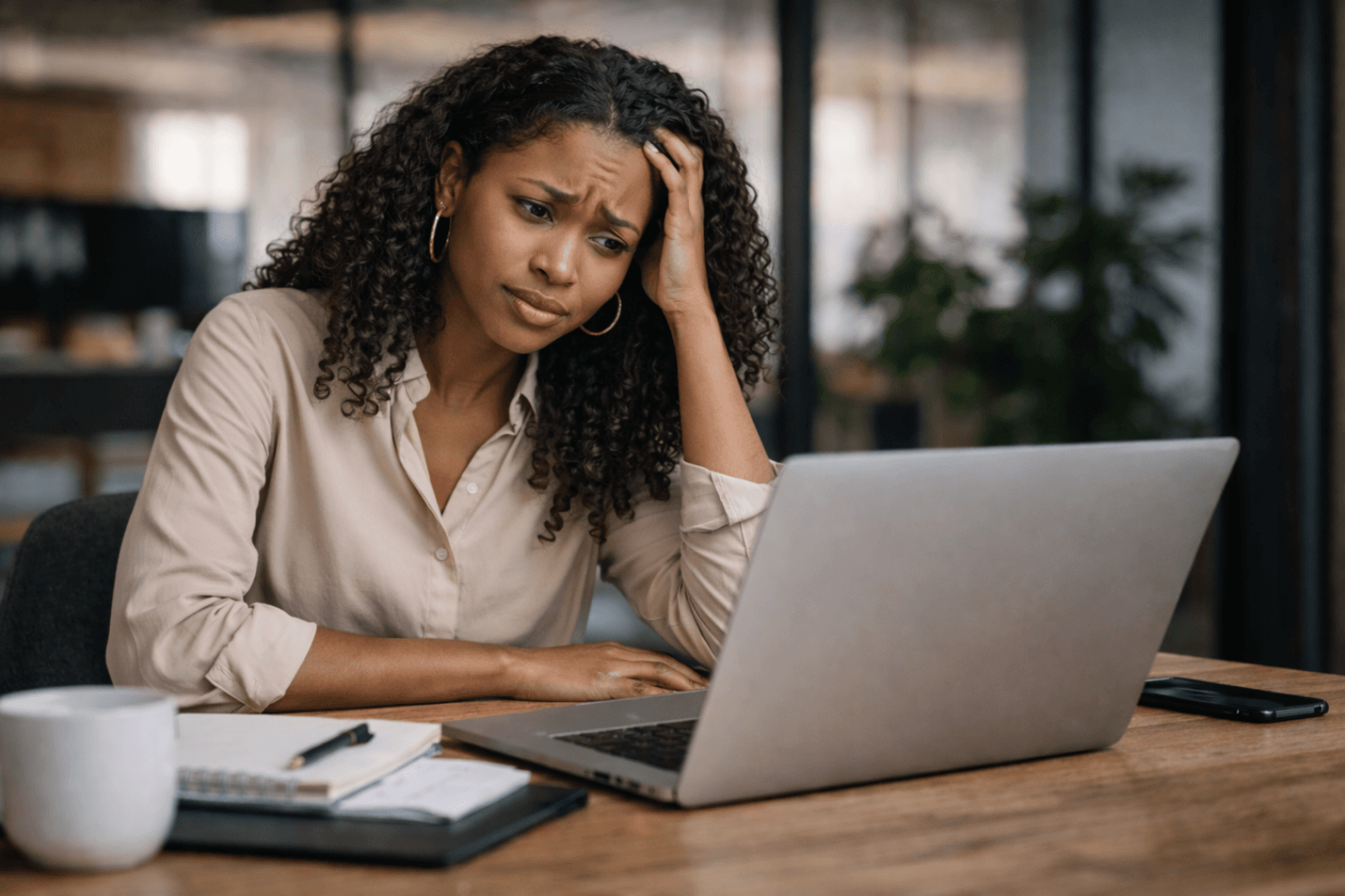 Frustrated woman working at laptop