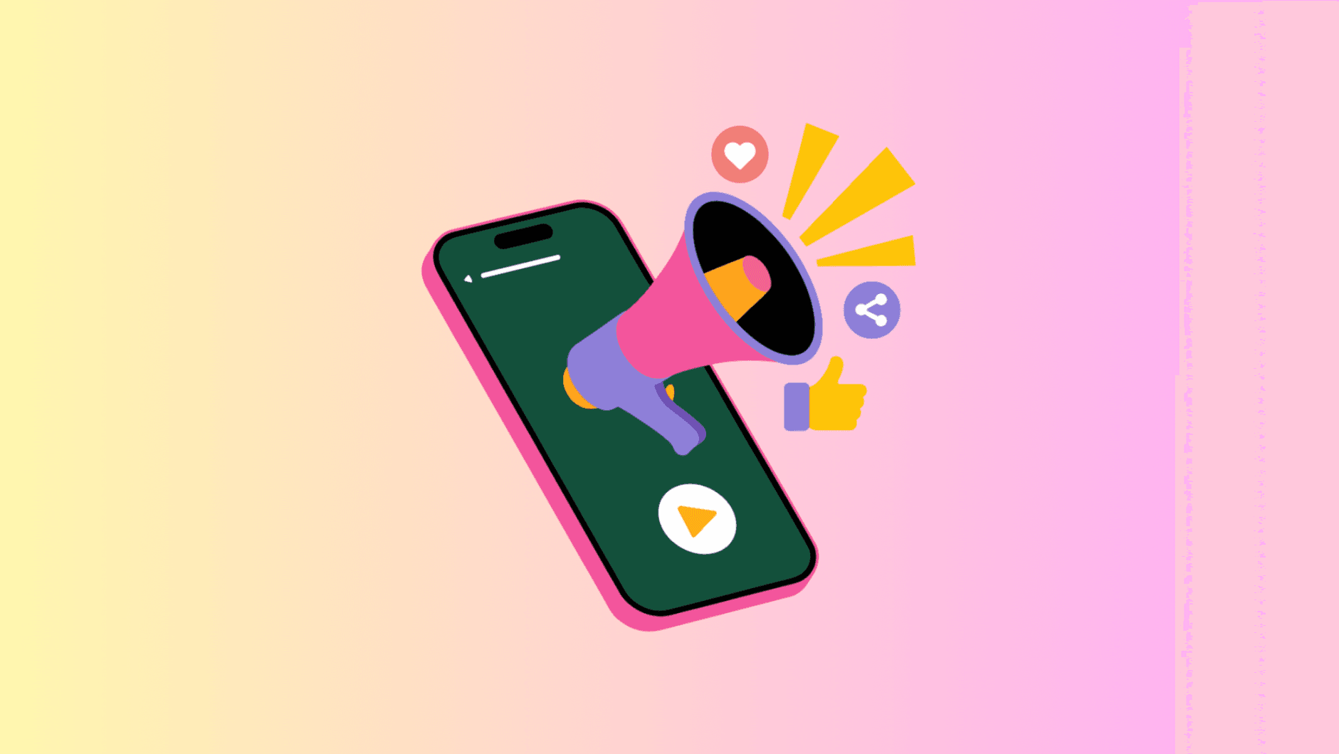Image of megaphone emerging from smartphone with social media engagement icons.